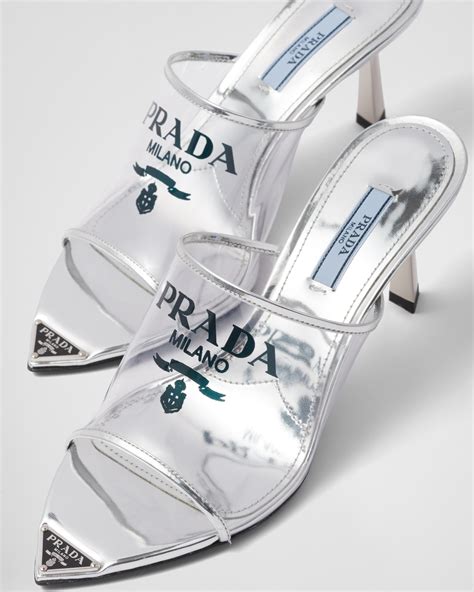 prada logo-print plexiglas high-heel slides|Silver Logo.